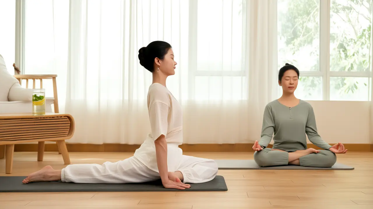 Three morning habits to develop natural vitality: warm water, stretching, and sitting in stillness, to ease the entire day. - Daily Wellness Habits